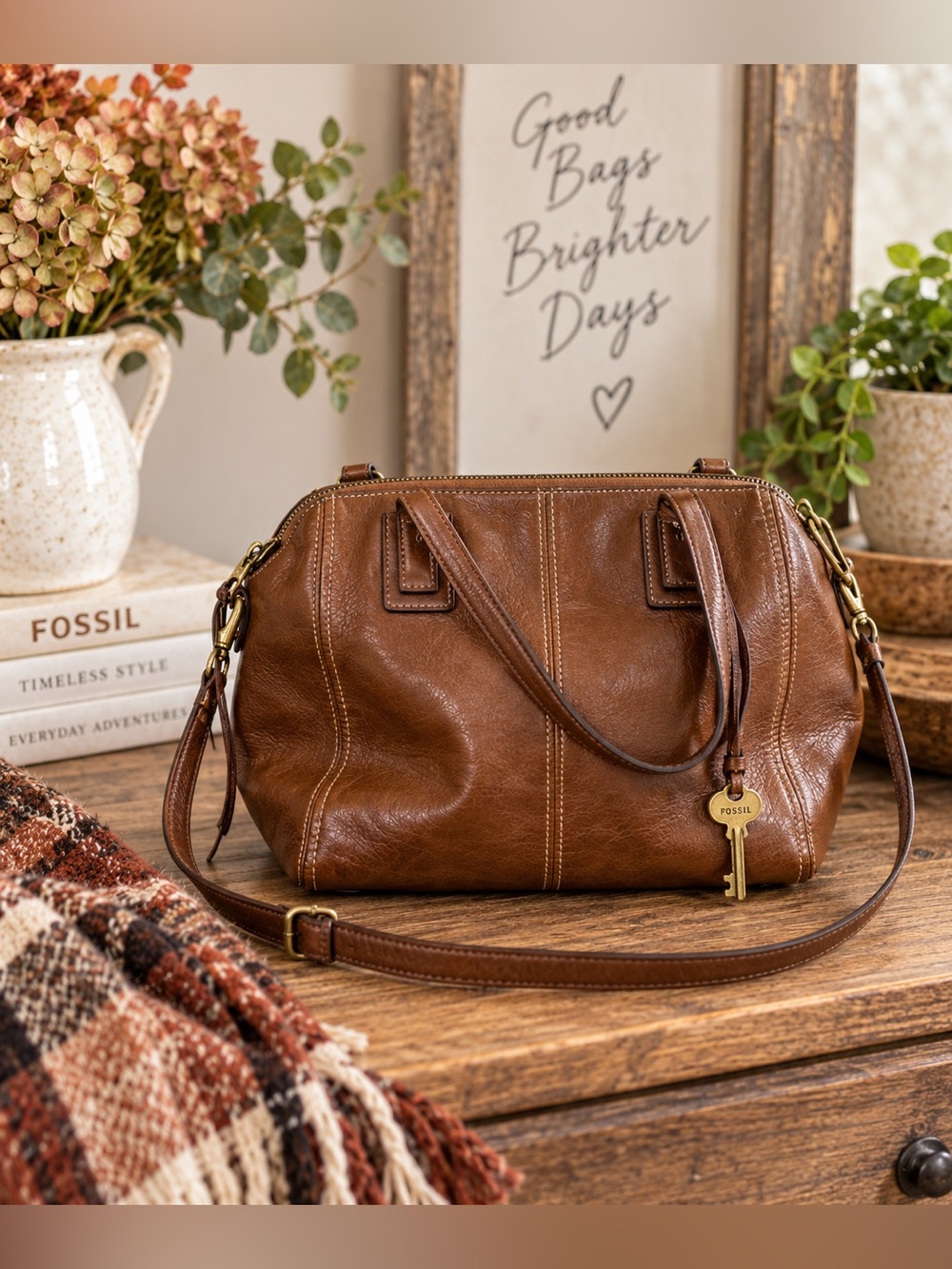 Fossil Tan Brown Jolie Convertible Crossbody Leather Bag
Purse